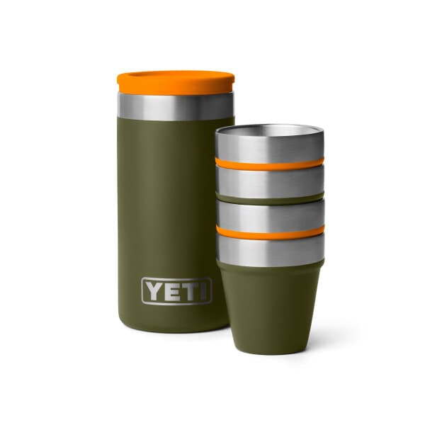 Yeti Rambler Set of 4 Shot Glasses And Case Olive And King Crab Orange