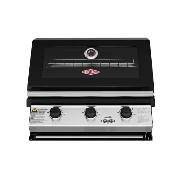 BeefEater Discovery 1200E Series 3 Burner Black Enamel Hood Built In Gas BBQ