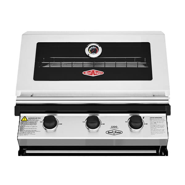 BeefEater Discovery 1200S Series 3 Burner Stainless Steel Hood Built In Gas BBQ
