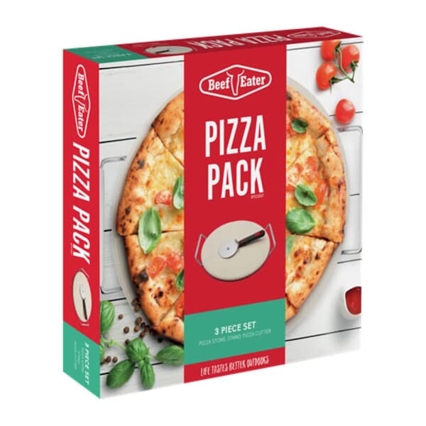BeefEater Pizza Pack - 3 Piece Set - Round Pizza Stone | Stand | Pizza Cutter