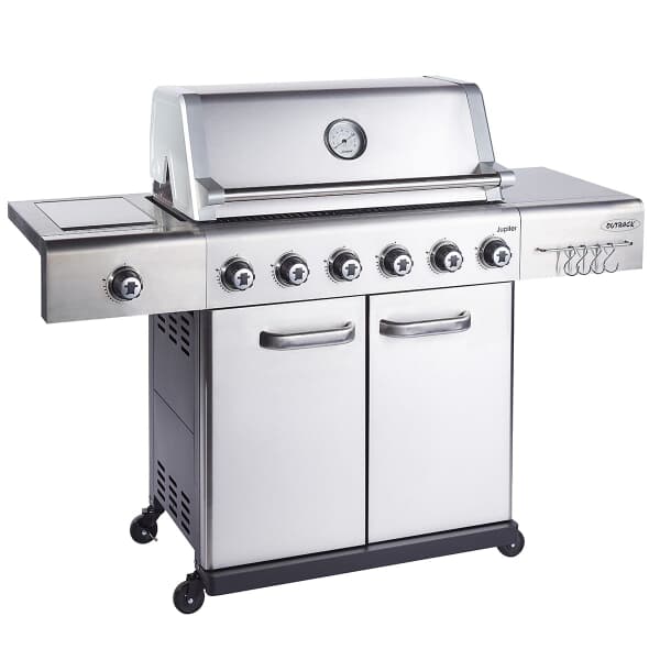 Outback New Jupiter 6 Burner Hybrid Stainless Steel Gas BBQ with Utility Basket | Cover | Accessories