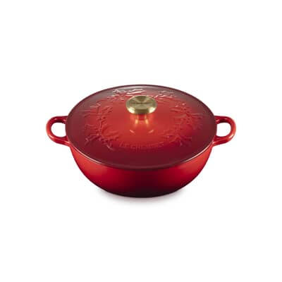 Le Creuset Signature Cast Iron 26cm Christmas Holly Soup Pot Cerise