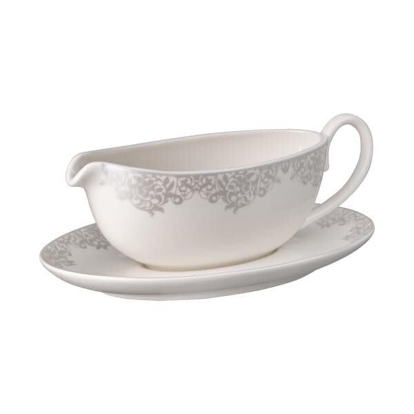 Denby Monsoon Filigree Silver Sauceboat And Stand