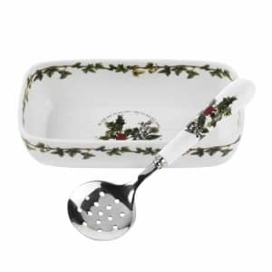 Portmeirion Holly and Ivy - Cranberry Dish With Slotted Spoon