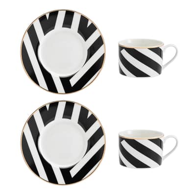 Mikasa Luxe Deco China Tea Cups and Saucers Geometric Stripe Set of 2 200ml