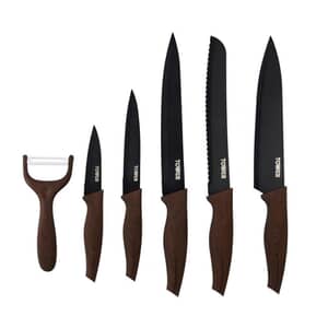 Tower 6 Piece Knife Set With Walnut Coloured Soft Touch Wood Effect Handles