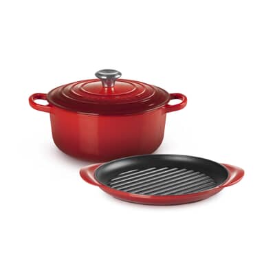 Le Creuset Cast Iron 2 Piece Set Cerise 22cm Casserole and 25cm Grill