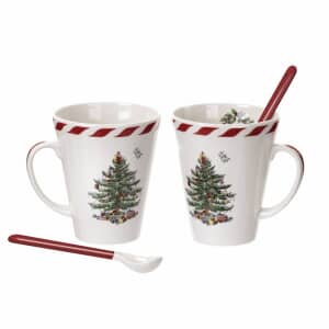 Spode Christmas Tree - Peppermint Mugs With Spoons Set Of 2