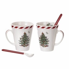Spode Christmas Tree - Peppermint Mugs With Spoons Set Of 2