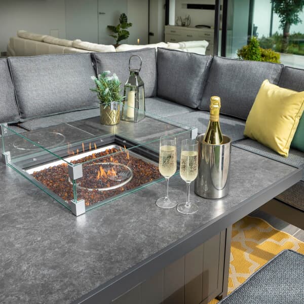 Hartman Aurora Square Casual Dining Set with Gas Fire Pit Table and