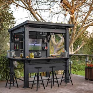 Keter Bar Gazebo With Built-In Outdoor Bar With Shelving And Glass Rack And A Weatherproof Wood Finish