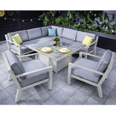 Hartman Apollo Glacier Square Gas Fire Pit Casual Dining Set With Lounge Chairs