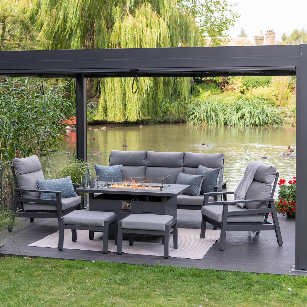 LG Outdoor Barcelona Lounge Dining Set with Gas Firepit Table