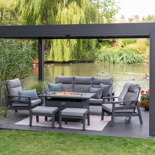 LG Outdoor Barcelona Lounge Sofa Dining Set with Gas Firepit Table