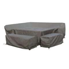 Bramblecrest Rattan L-Shape Sofa with Rectangle Firepit Table 2 Benches Set Covers - Long Right - Khaki