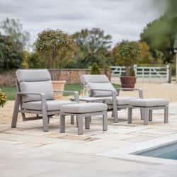 Bramblecrest Prague 2x Reclining Sofa Chairs with Footstools Sinterstone Side Table Latte