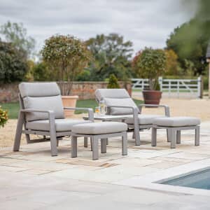 Bramblecrest Prague 2x Reclining Sofa Chairs with Footstools Sinterstone Side Table Latte