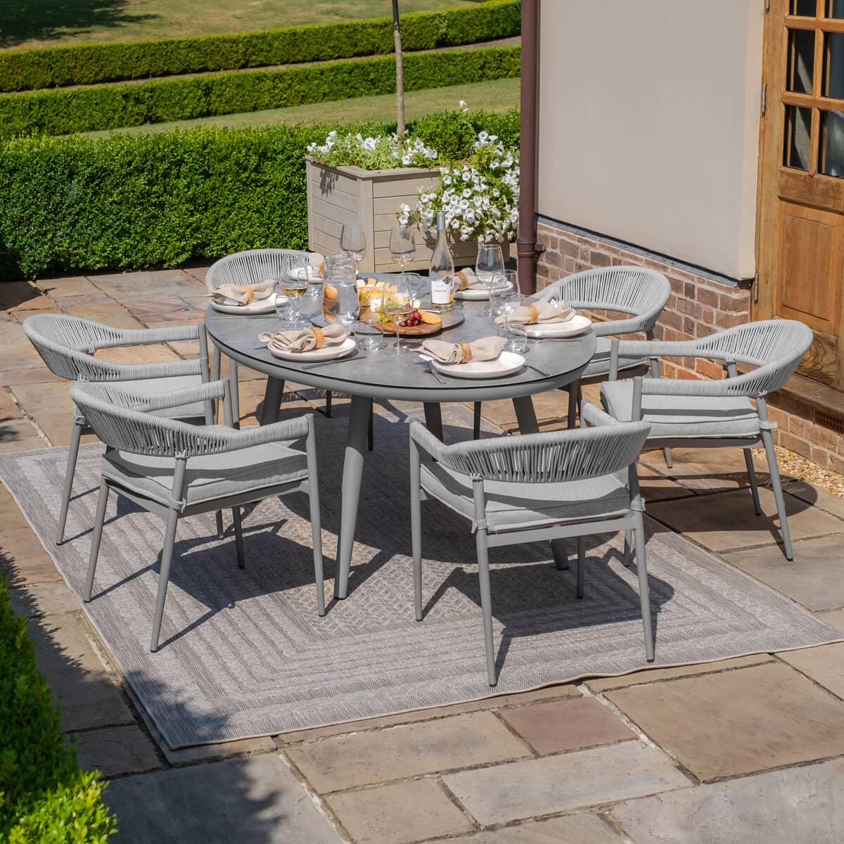 Maze Florence Rope Weave 6 Seat Oval Dining Set With Lazy Susan - Cool Linen