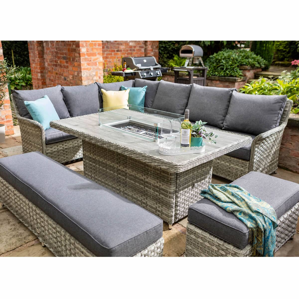 Hartman Heritage Tuscan Grand Rectangular Casual Dining Corner Set with Gas Fire Pit Table Ash/Slate