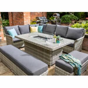 Hartman Heritage Tuscan Grand Rectangular  Casual Dining Set with Gas Fire Pit Table Ash/Slate