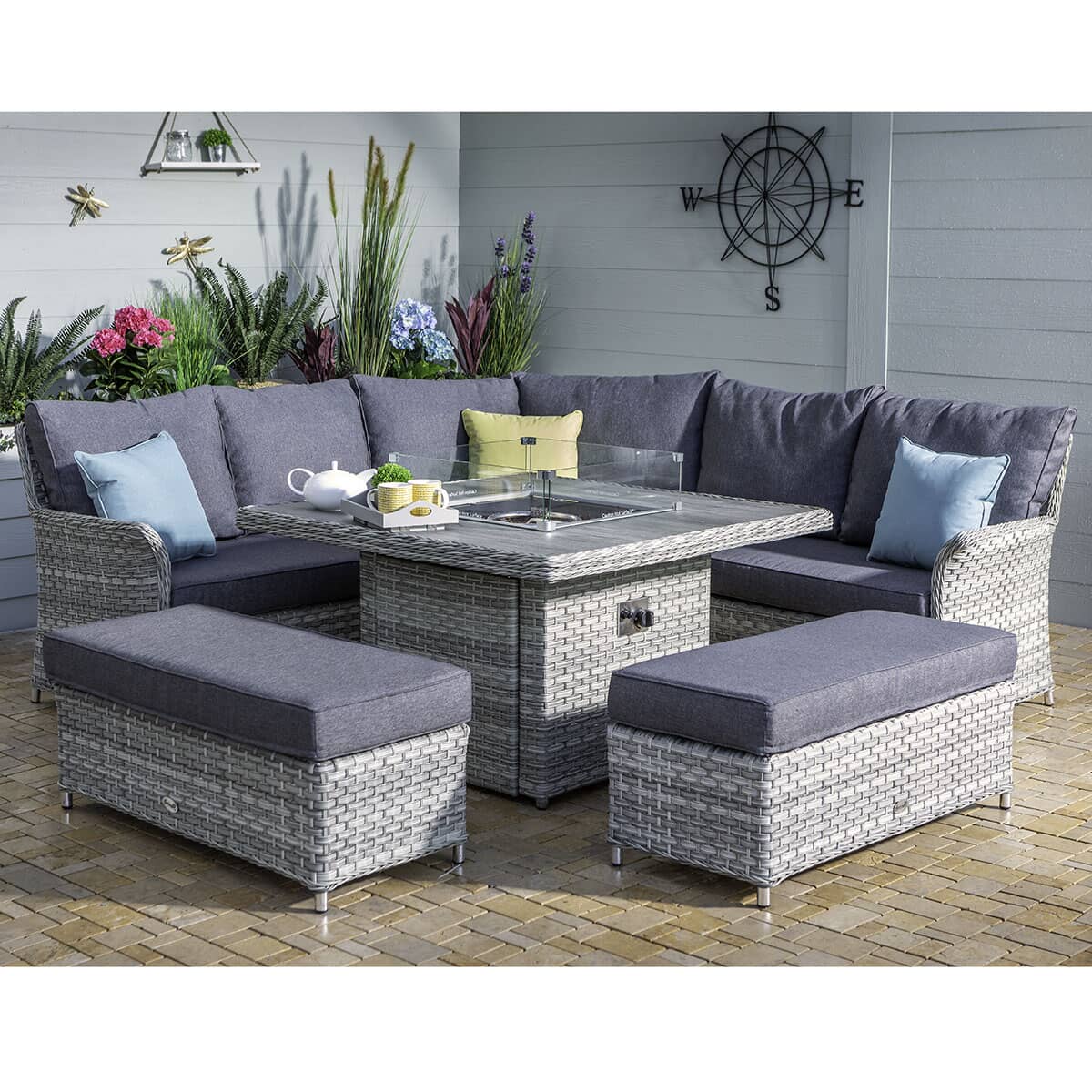 Hartman Heritage Tuscan Grand Square Casual Dining Corner Set with Gas Fire Pit Ash/Slate