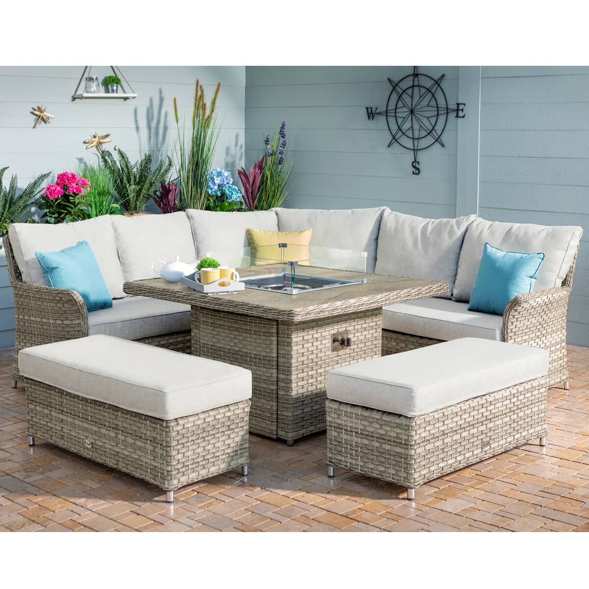 Hartman Heritage Tuscan Grand Square Casual Dining Corner Set with Gas Fire Pit Beech/Dove