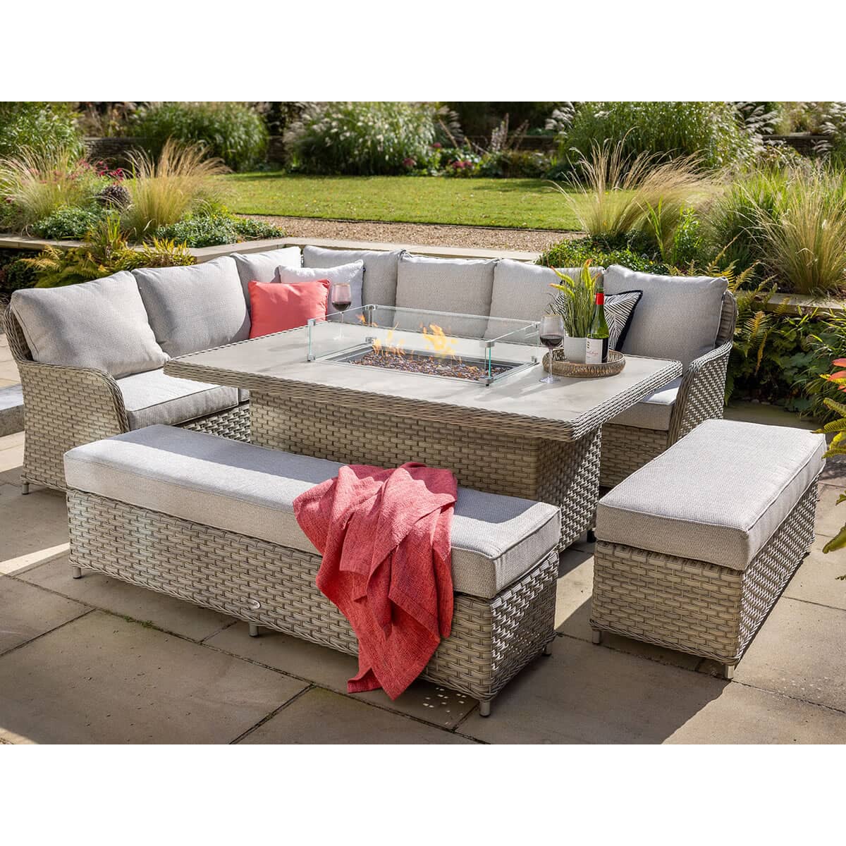 Hartman Eton Tuscan Grand Rectangular Casual Dining Set with Fire Pit Table and Free 2 Seat Bench