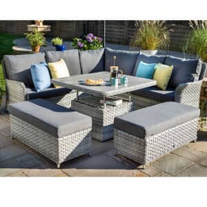 Hartman Heritage Grand Square Casual Dining Set with Adjustable Table Ash/Slate with Tuscan Ceramic Glass Top