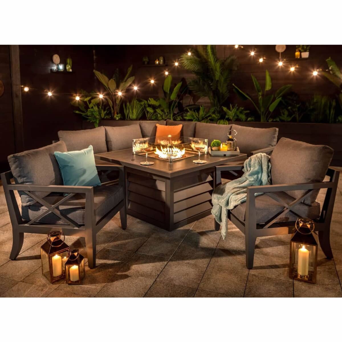 Hartman Sorrento Square Casual Dining Corner Set with Gas Fire Pit with Lounge Chairs Matt Xerix/Slate
