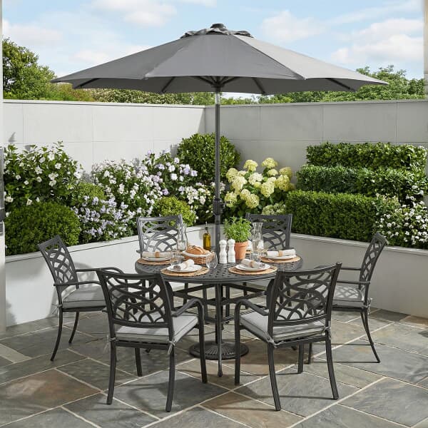 Hartman Tuscany 6 Seat Round Dining Set With Parsol Grey