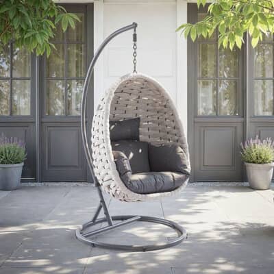 Supremo Luxe Lattice Single Hanging Cocoon Chair With Thick Beige Rope And Urban Black Cushion 