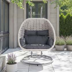 Supremo Luxe Lattice Double Hanging Chair With Thick Beige Rope And Urban Black Cushion