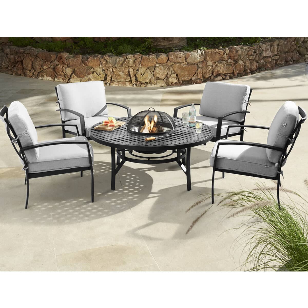 Jamie Oliver Contemporary Fire Pit Set Riven With Pewter Cushions
