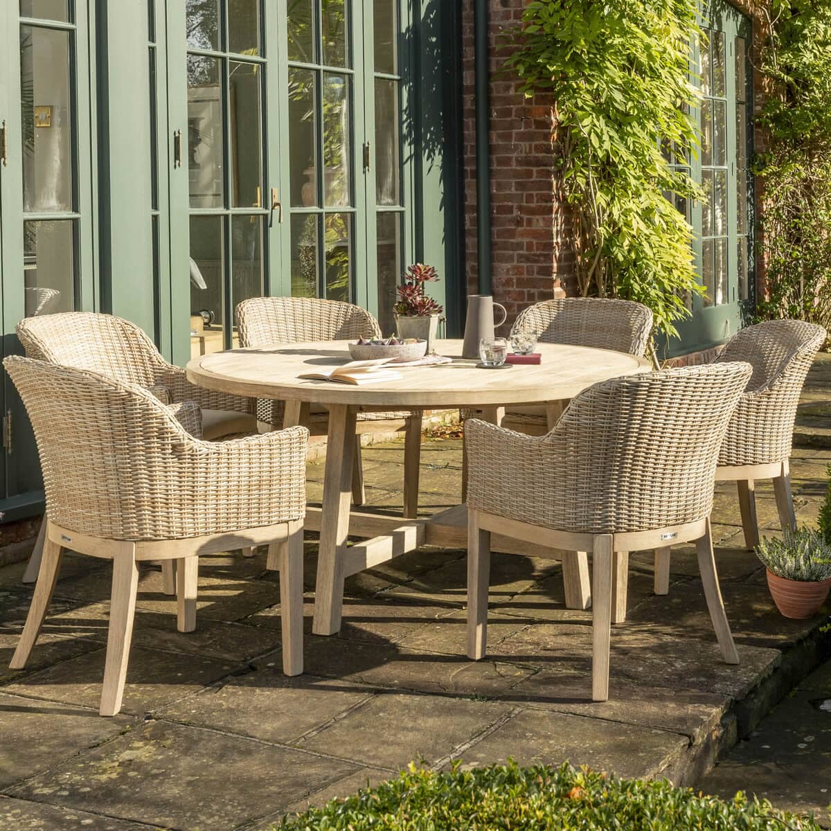 Kettler Cora 6 Seat Round Back Wicker Dining Set With Lazy Susam and Storage Shelves