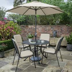 Kettler Savita 4 Seat Round Mesh Top Table Set with Stone Cushions and Parasol