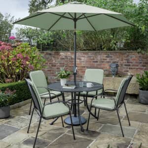 Kettler Savita 4 Seat Round Mesh Top Table Set with Sage Cushions and Parasol