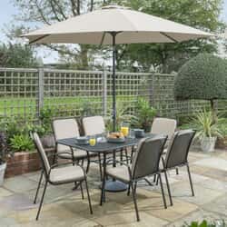 Kettler Savita 6 Seat Mesh Top Table Set with Stone Cushions and Parasol