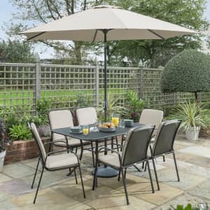 Kettler Savita 6 Seat Mesh Top Table Set with Stone Cushions and Parasol