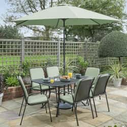 Kettler Savita 6 Seat Mesh Top Table Set with Sage Cushions and Parasol