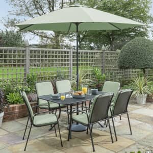 Kettler Savita 6 Seat Mesh Top Table Set with Sage Cushions and Parasol