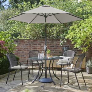 Kettler Caredo 4 Seat Round Mesh Table Garden Furniture Set with Stone Cushions and Parasol