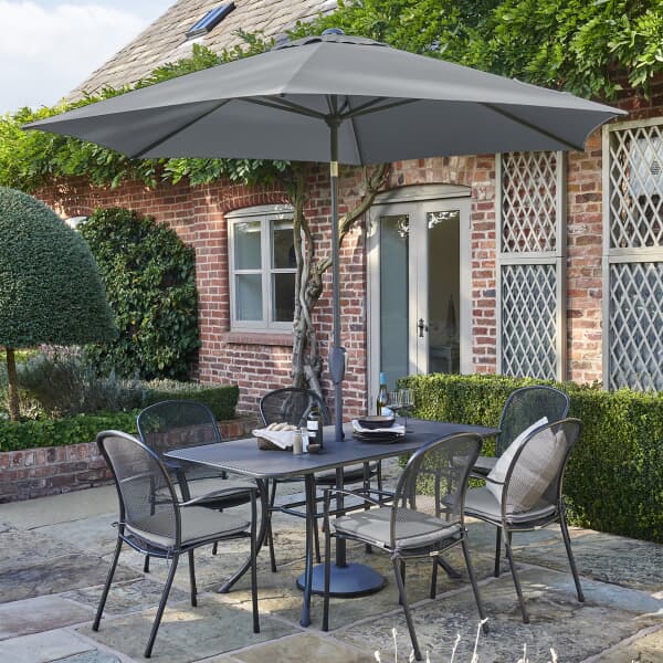 Kettler Caredo 6 Seat Rectangular Mesh Table Garden Furniture Set with Slate Cushions and Parasol
