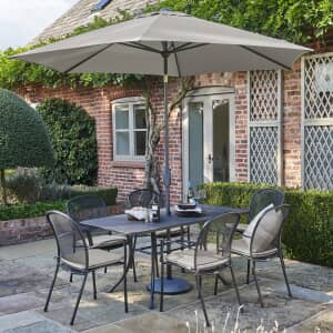 Kettler Caredo 6 Seat Rectangular Mesh Table Garden Furniture Set with Stone Cushions and Parasol