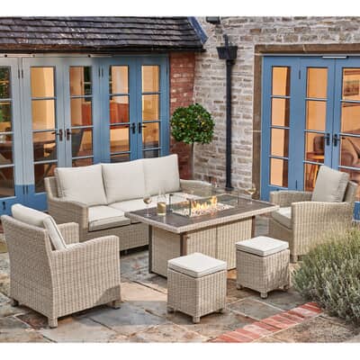 Kettler Palma Casual Dining Sofa Set with Fire Pit Table Oyster/Stone