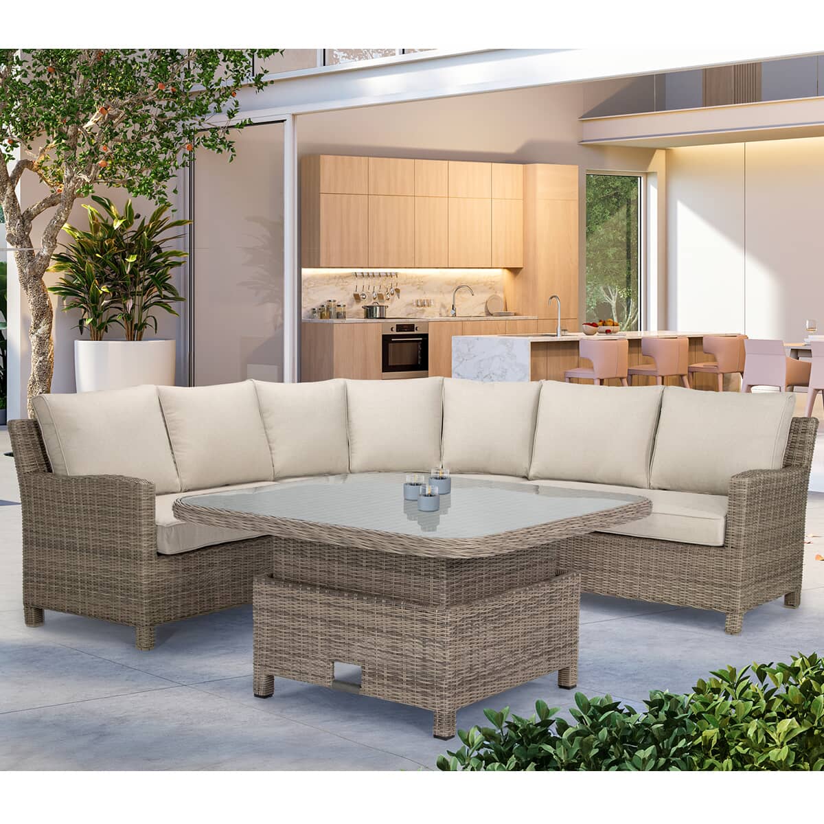 Kettler Signature Palma Grande Corner Sofa Set with High/Low Glass Top Table Oyster/Stone
