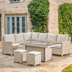 Kettler Signature Palma Corner Sofa RH Casual Dining Set Oyster and Firepit Table