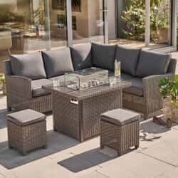 Kettler Signature Palma Mini Corner Sofa Set with Firepit Table In Brown Rattan
