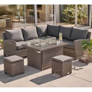 Kettler Signature Palma Mini Corner Sofa Set with Firepit Table In Brown Rattan