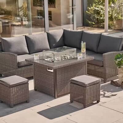 Kettler Signature Palma Mini Corner Sofa Set with Firepit Table In Brown Rattan