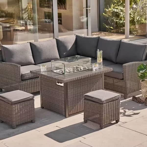 Kettler Signature Palma Mini Corner Sofa Set with Firepit Table In Brown Rattan